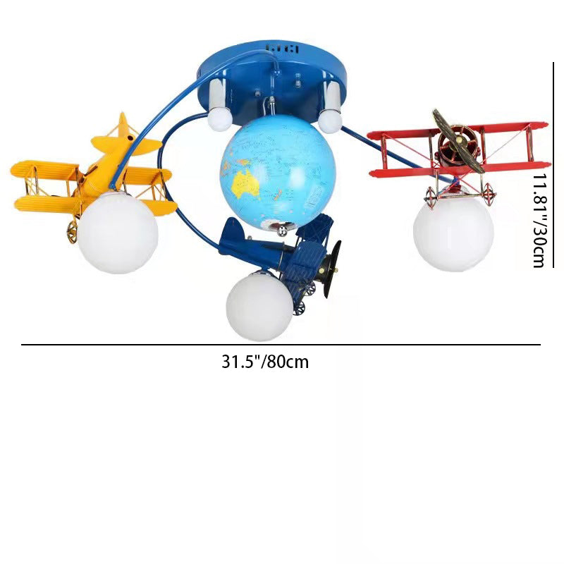 Modern Art Deco Orb Airplane Globe Glass Iron Kids 6-Light Flush Mount Ceiling Light Bedroom Fixture Chandelier Vintage Aviation Decor Playroom Lighting Unique Nursery Design Decorative Lighting Kids Room Ceiling Light Modern Design Stylish Flush Mount Li