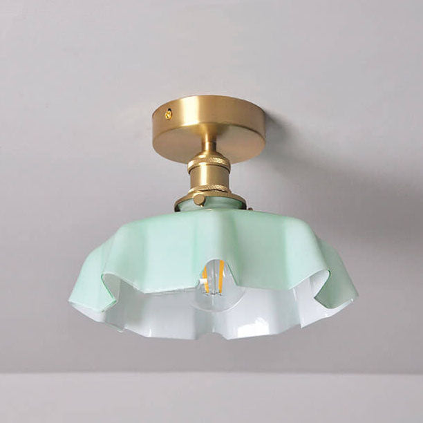 Japanese Vintage Cream Glass Floral Brass Semi-Flush Mount Ceiling Light