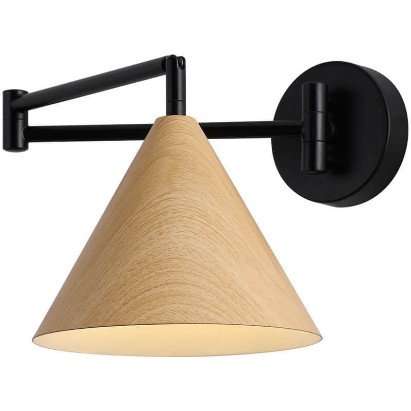 Contemporary Nordic Cone Swing Arm Wall Sconce - Wood Grain Iron 1-Light Lamp for Bedroom