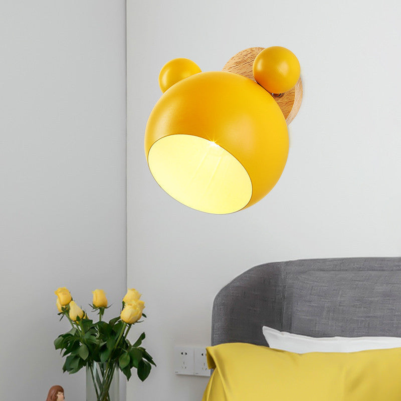 Nordic Cartoon Bear Dome 1-Light Kids Wall Sconce Lamp for Nursery, Children's Room Lighting, Playroom Decor, Cute Animal Wall Light, Adjustable LED, Ceiling Mount, Soft Nightlight, Baby Room Wall Fixture, Unique Kids' Bedroom Decor, Eco-Friendly Design