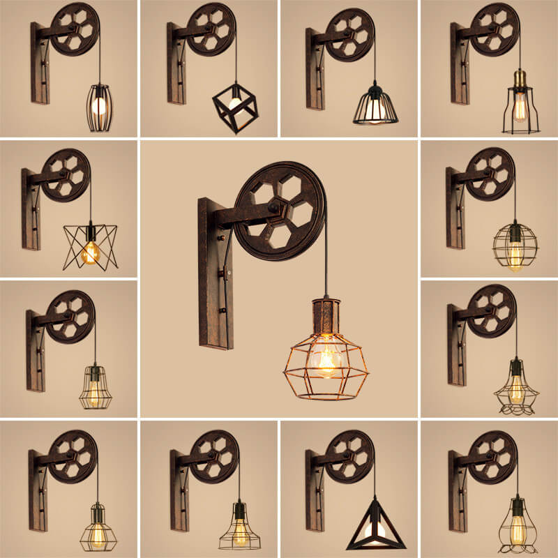 Vintage Industrial Pulley Wall Sconce - 1-Light Iron Lamp