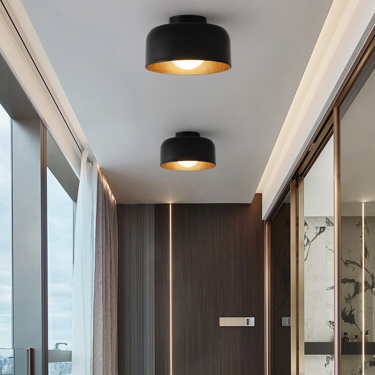 Minimalist Dome Wood Grain Iron 1-Light Semi-Flush Mount Ceiling Fixture