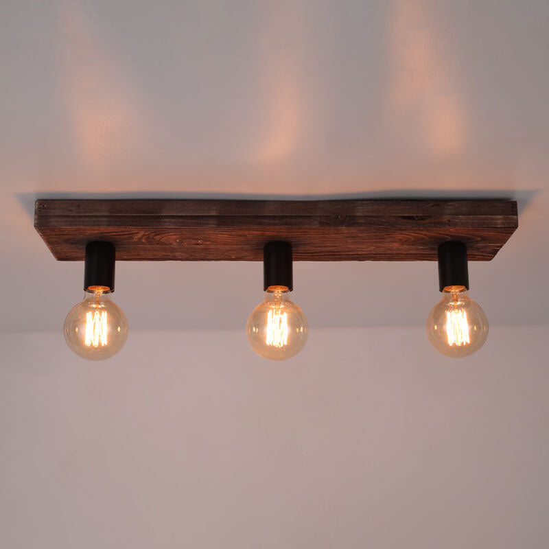 Retro Solid Wood 3-Light Flush Mount Ceiling Light with Glass Lampshade