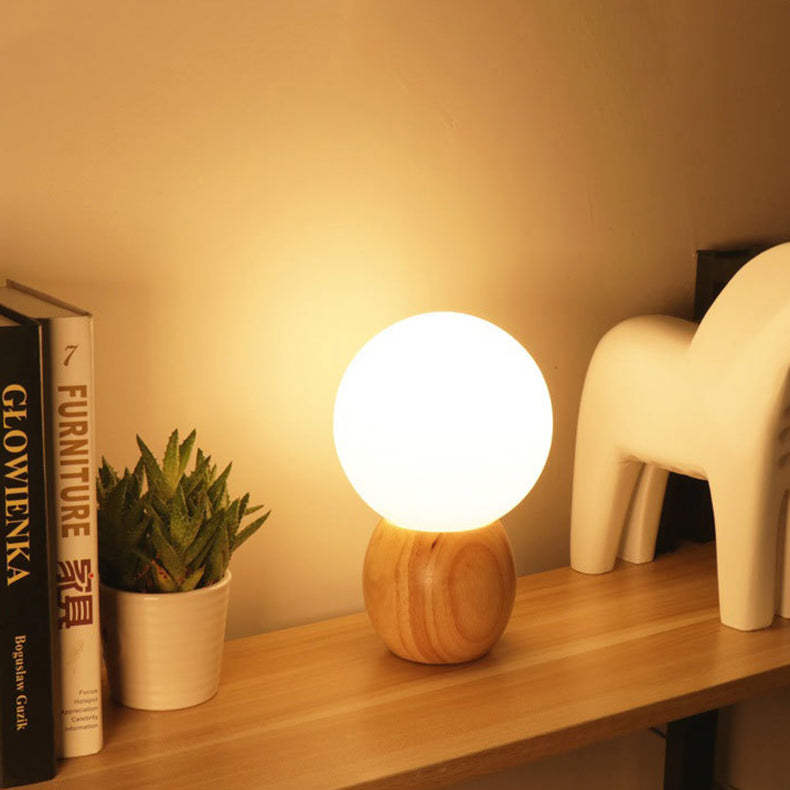 Contemporary Scandinavian Orb Glass Table Lamp - Wood Base 1-Light for Bedroom