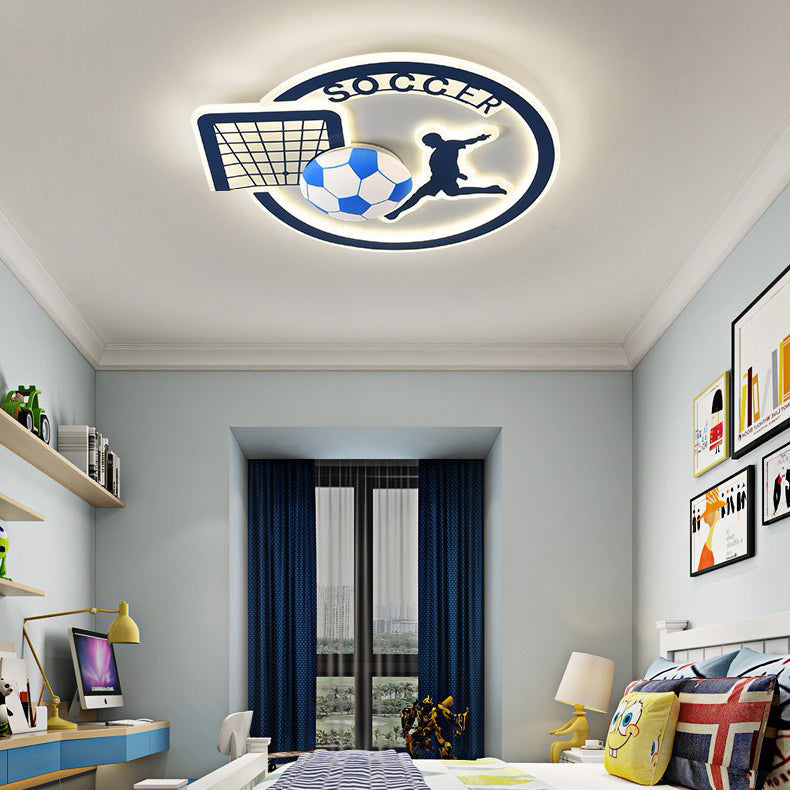 Contemporary Creative Kids Round Basketball Football Iron Acrylic LED Flush Mount Ceiling Light for Bedroom Playroom Sports Decor Kids Lighting Fixture Top Rated Children’s Room Ceiling Lamp