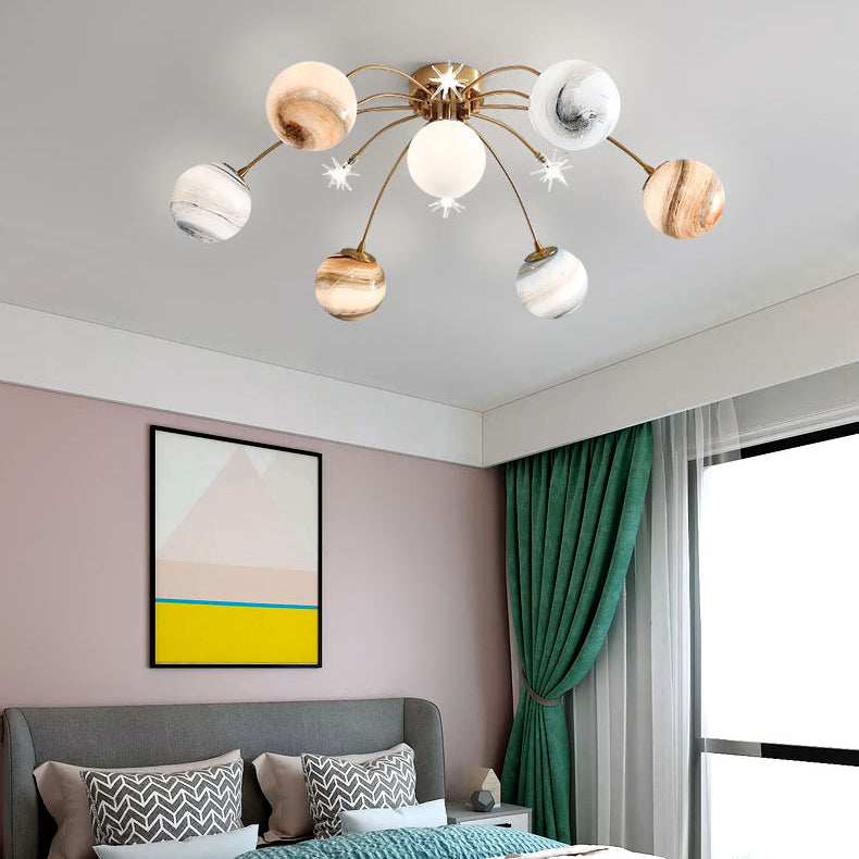 Contemporary Starry Sky 13-Light Semi-Flush Mount Ceiling Light for Bedroom, Iron and Glass Fixture, Modern Moon Design, Elegant Home Lighting