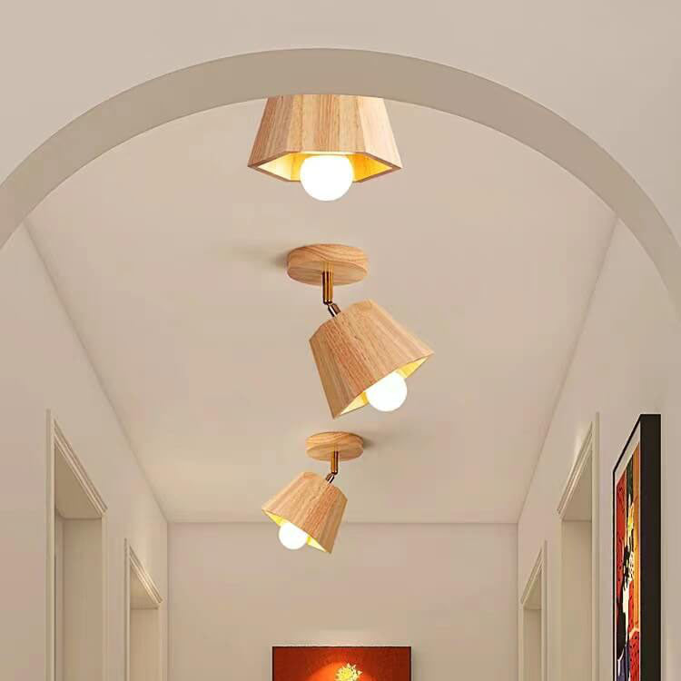 Traditional Japanese Wood Polygon Semi-Flush Mount Ceiling Light for Bedroom