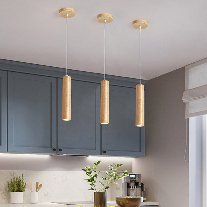 Modern Minimalist Rubberwood Cylinder LED Pendant Light for Bedroom