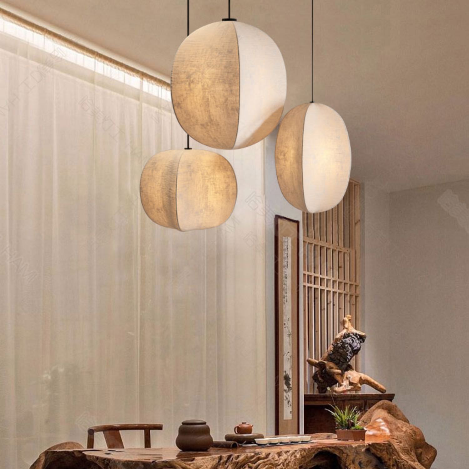 Zen Anti-Silk Lantern Pendant Light for Living Room - Traditional Japanese Design, 1-Light Fixture
