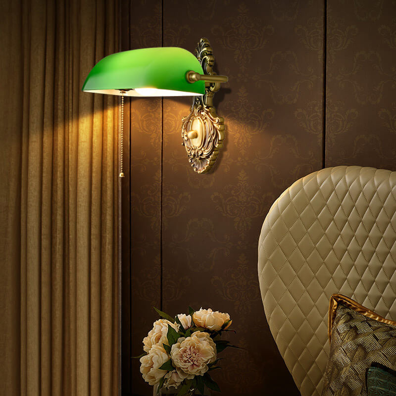 Contemporary Retro Copper Green Glass Shade 1-Light Wall Sconce Lamp for Bedroom, Vintage Industrial Lighting Fixture, Elegant Wall Light for Home Decor, Modern Wall Sconce for Reading, Stylish Bedside Wall Lamp, Unique Green Glass Shade Wall Light, Decor
