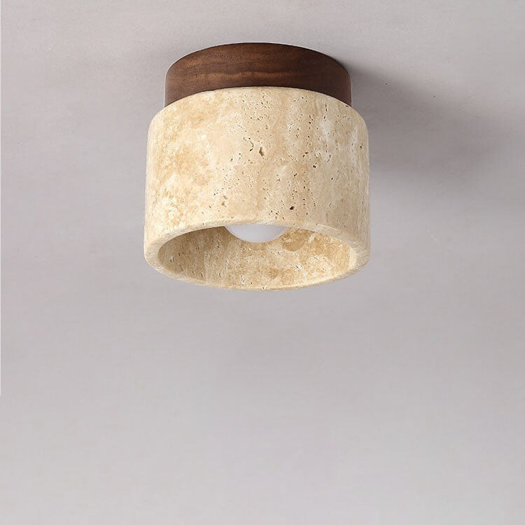 Japanese Minimalist Round Yellow Travertine 1-Light Semi-Flush Mount Ceiling Light
