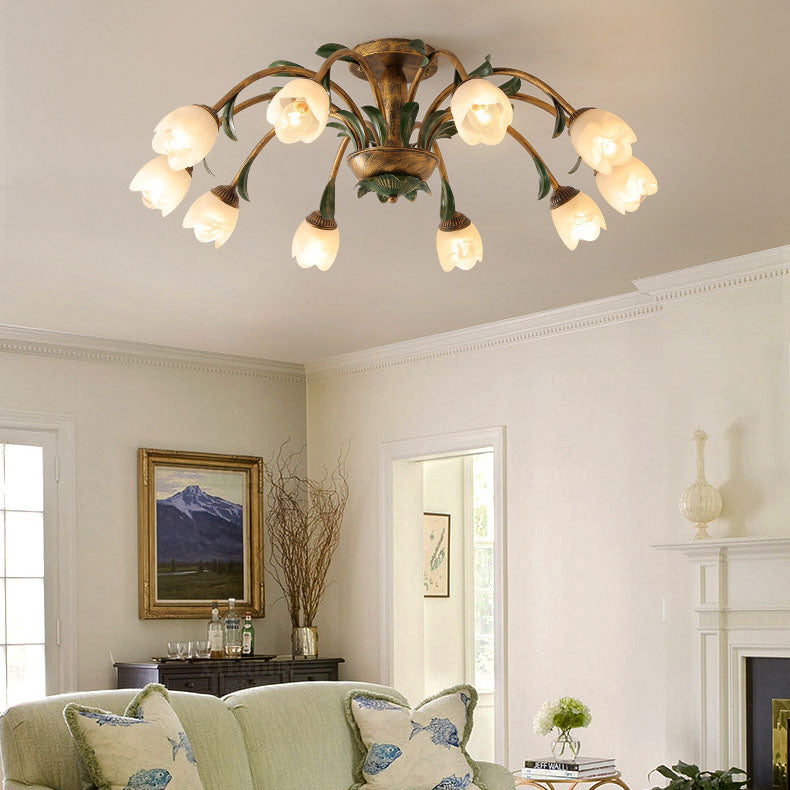 Traditional Rustic Floral Iron Glass Semi-Flush Mount Ceiling Light for Living Room - 6/8/10 Light Options