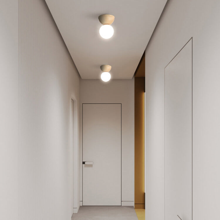 Japanese Minimalist Wood Grain Round Flush Mount Ceiling Light - 1-Light Glass Fixture