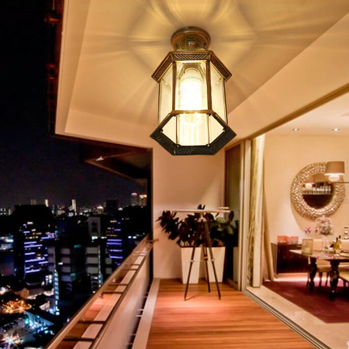 Traditional Outdoor Hexagonal Waterproof Lantern - 1-Light Semi-Flush Mount Ceiling Fixture