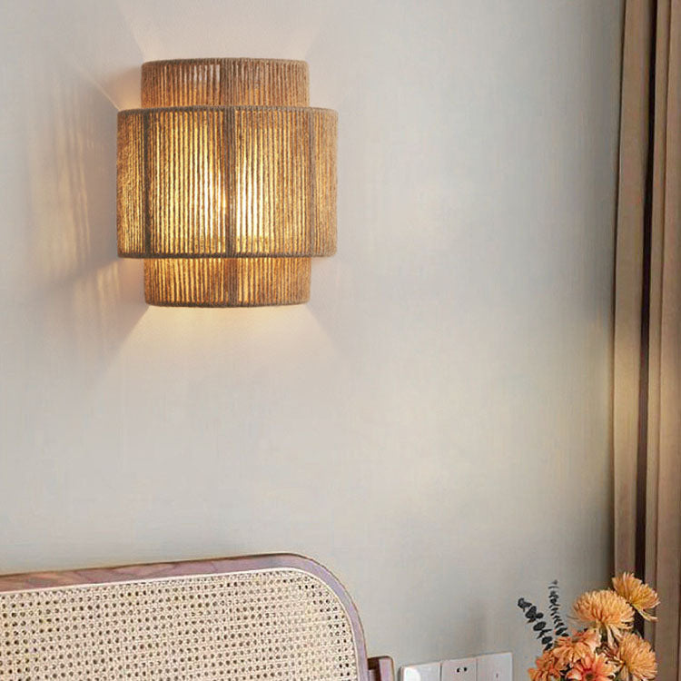 Traditional Japanese Rope Woven Curved Wall Sconce Lamp - 1-Light Design for Living Room Decor