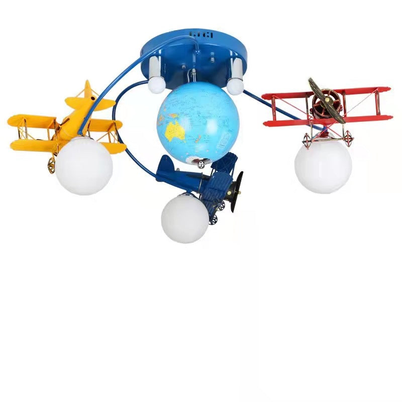 Modern Art Deco Orb Airplane Globe Glass Iron Kids 6-Light Flush Mount Ceiling Light Bedroom Fixture Chandelier Vintage Aviation Decor Playroom Lighting Unique Nursery Design Decorative Lighting Kids Room Ceiling Light Modern Design Stylish Flush Mount Li
