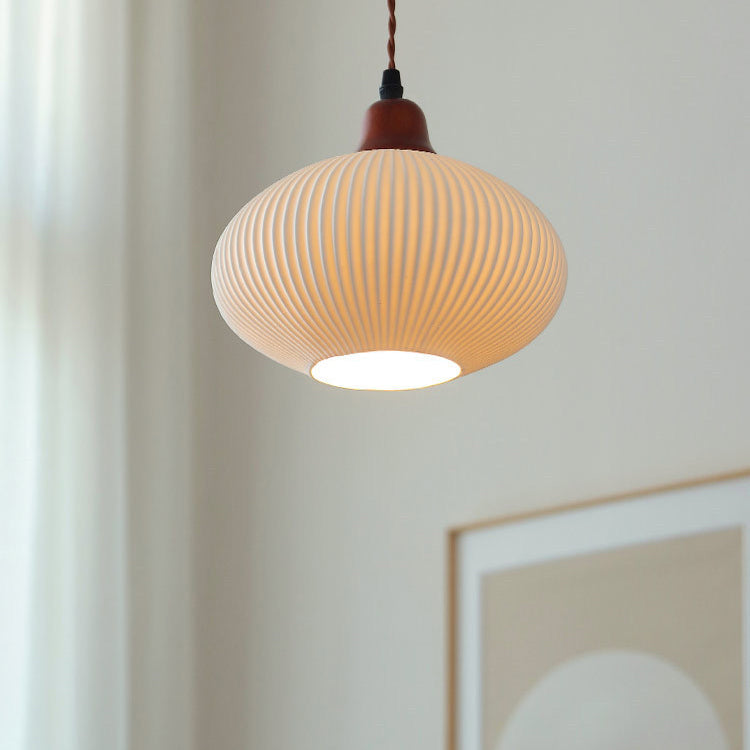 Traditional Japanese Pleated Round Dome Pendant Light - Solid Wood & Iron, 1-Light Fixture for Living Room & Bedroom