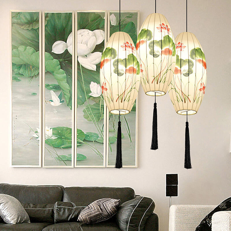 Oriental Antique Handmade Oval Lantern Pendant Light - 1-Light Fabric Fixture