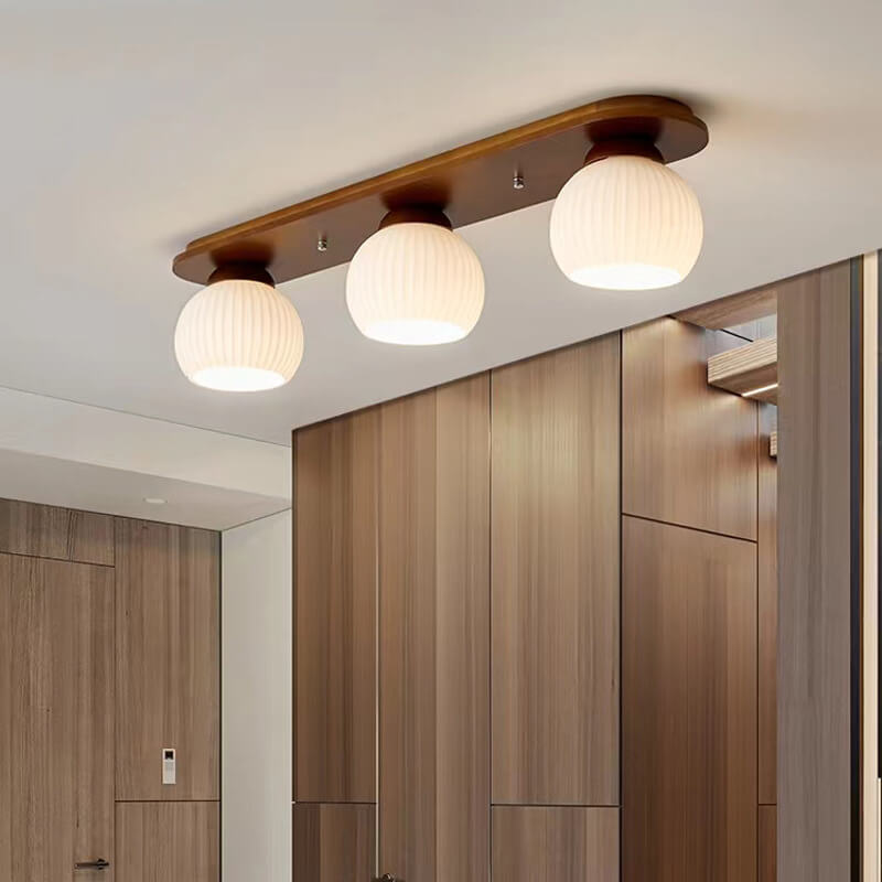 Traditional Japanese Striped Glass Wood Long Plate Flush Mount Ceiling Light