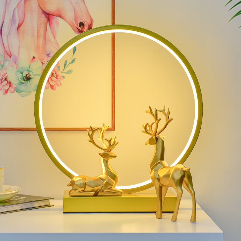 Contemporary Nordic Iron Acrylic Circle Deer USB Plug-in LED Night Light Table Lamp for Bedroom, Modern Decorative Lighting, Unique Home Decor, Soft Warm White Glow, Rechargeable Bedroom Lamp, Elegant Nightstand Light, Creative Gift for Kids and Adults, S