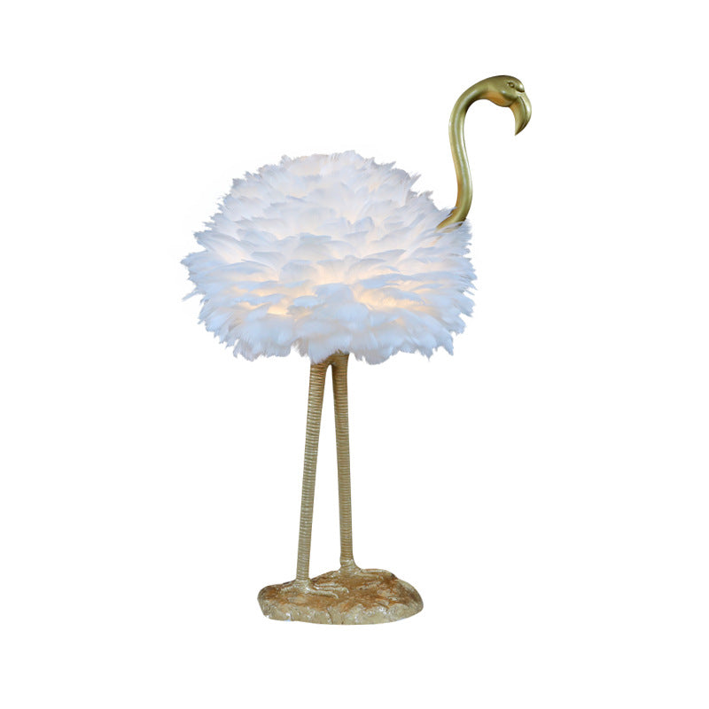 Contemporary Nordic Goose Feather Metal Flamingo Ball 1-Light Table Lamp for Bedside, Modern Accent Lighting, Decorative Bedroom Lamp, Unique Home Decor, Stylish Nightstand Light, Chic Flamingo Design, Soft Ambient Glow, Artful Lighting Fixture