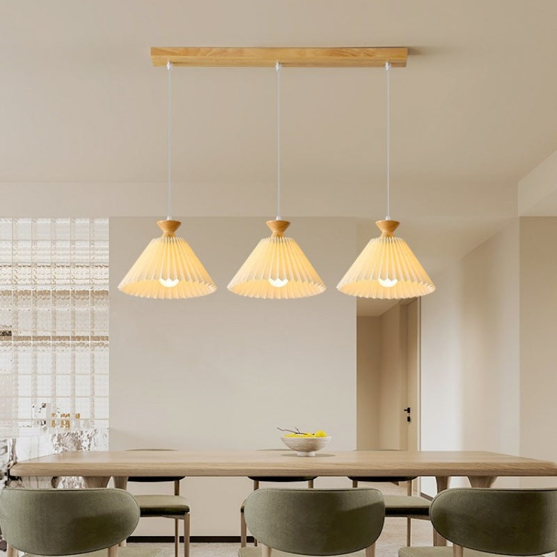 Traditional Japanese Rubberwood Pleated Cone Island Chandelier for Living Room