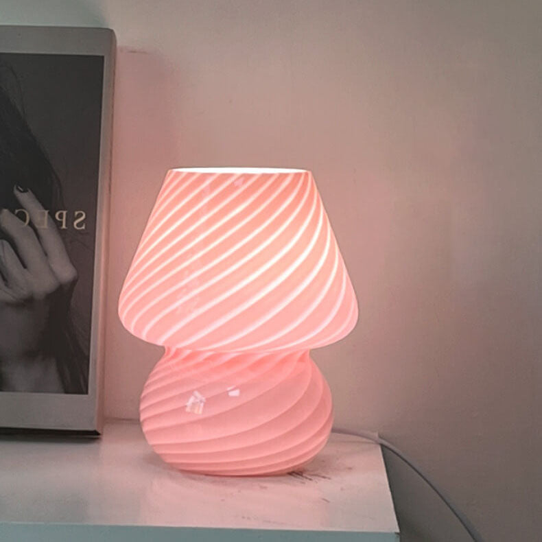 Modern Minimalist Striped Mushroom Glass 1-Light Table Lamp, Contemporary Home Decor Lamp, Stylish Nightstand Lighting, Unique Accent Light, Vintage Inspired Room Design, Eco-Friendly Design, Adjustable Brightness Table Light, Chic Office or Bedroom Illum