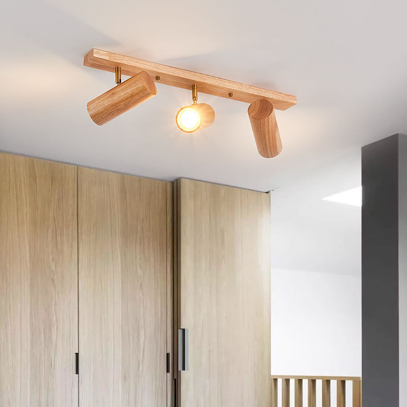 Japanese Minimalist Solid Wood Spotlight Track Ceiling Light - 1/3/4 Light Flush Mount