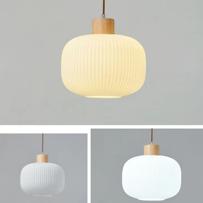 Traditional Japanese Solid Wood Strip Glass Jar Pendant Light for Living Room, 1/2/3 Light Island Fixture