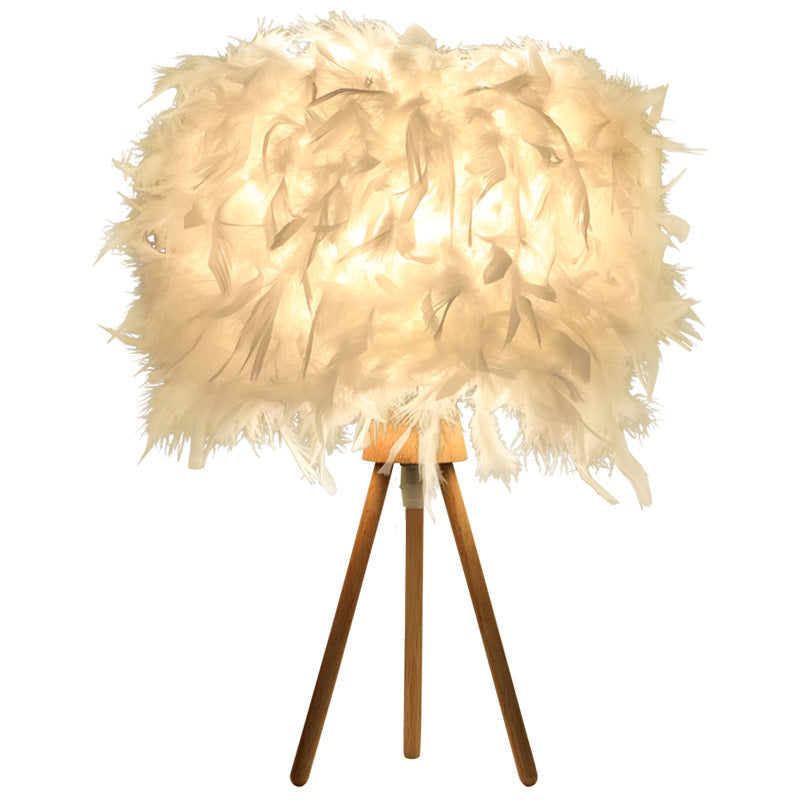 Modern Art Deco Feather Wood Cylinder Triangle Base 1-Light Table Lamp Nightstand Lamp for Bedroom Stylish Bedside Lighting Elegant Home Decor Accent Lamp Unique Design Decorative Table Light Modern Lighting Solution Interior Design Must-Have
