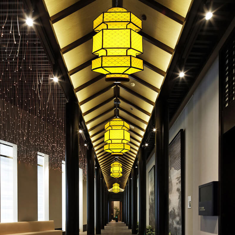 Chinese Retro Hexagonal Faux Sheepskin Pendant Light - 1-Light Iron Fixture