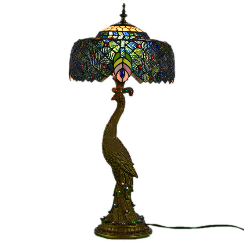 Tiffany Peacock Gem Glass Resin Table Lamp - 1-Light for Living Room & Bedroom