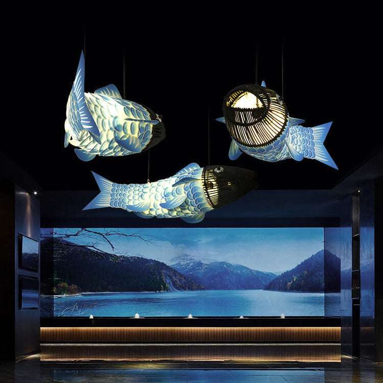 Traditional Chinese Koi Fish Chandelier - Iron PVC Fabric 2/4 Light Dining Room Decor