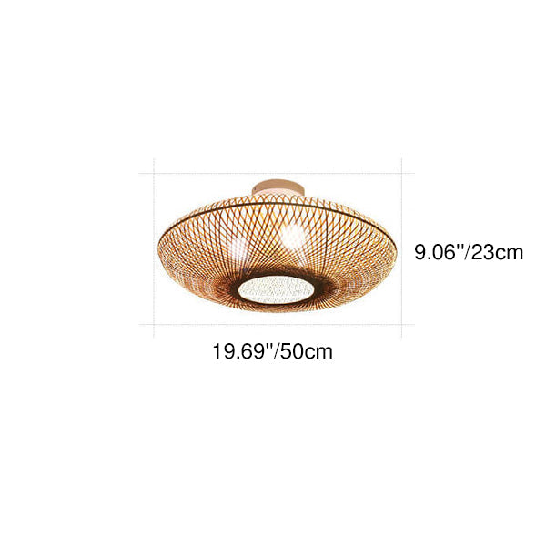 Traditional Japanese Bamboo Weaving Flying Saucer 3-Light Semi-Flush Mount Bedroom Light