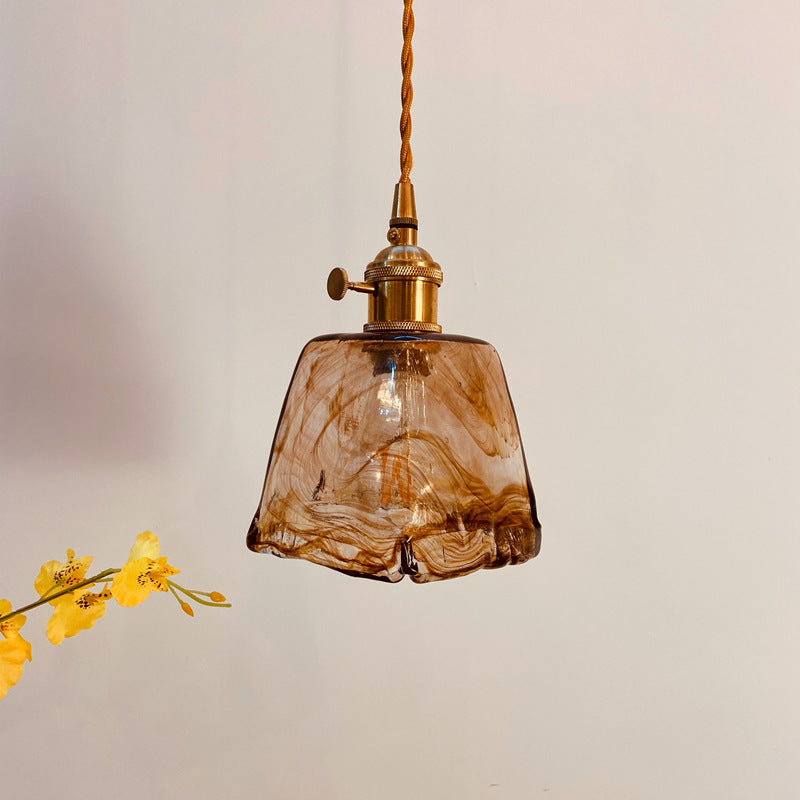 Vintage Amber Glass Brass Pendant Light 1-Light Ceiling Fixture