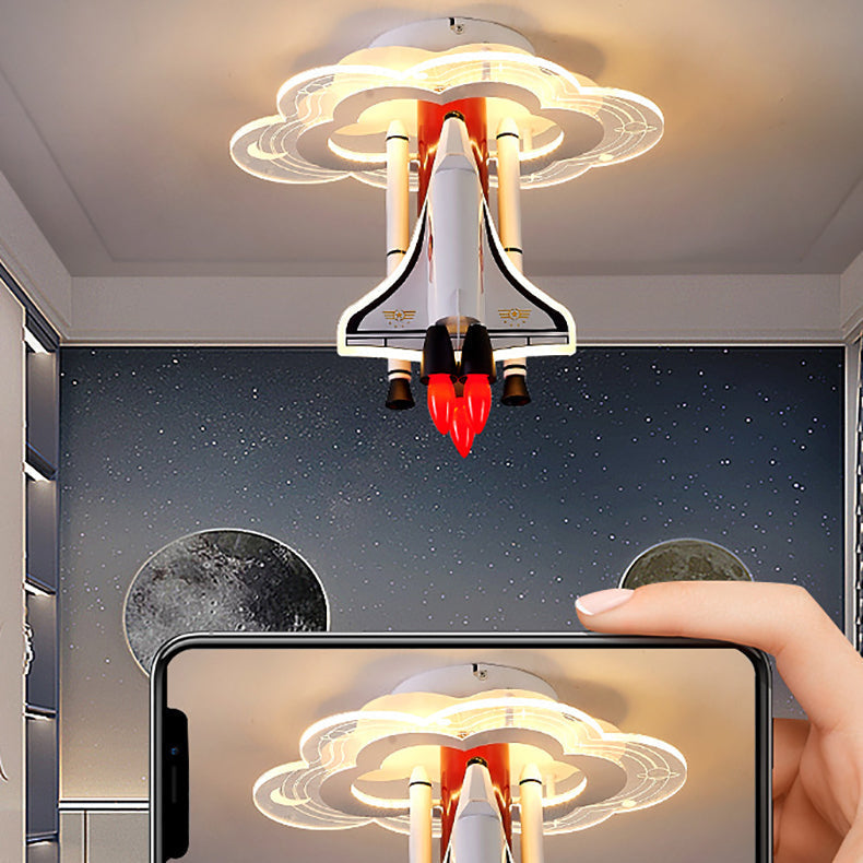 Contemporary Creative Iron Cartoon Aerospace Rocket Acrylic LED Kids Flush Mount Ceiling Light for Living Room, Playroom, Nursery, Modern Children's Lighting Fixture, Space-Themed Home Decor, Adjustable Brightness, Energy Efficient Kids Room Accessories