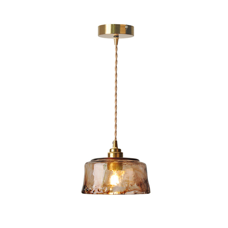 Vintage Amber Drum Glass Pendant Light for Living Room - Brass 1-Light Design