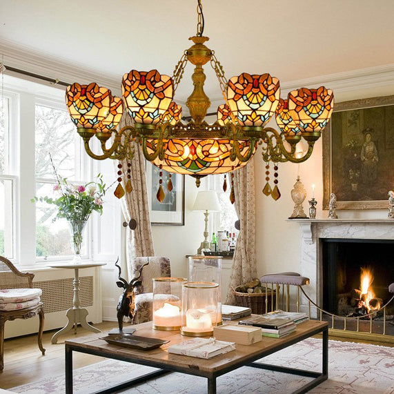 Traditional Tiffany Bead Dome Baroque Chandelier - 8/11 Light Iron and Glass Alloy for Living Room