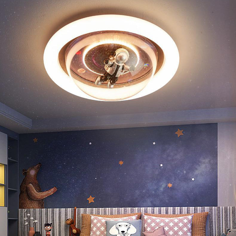 Contemporary Cartoon Planet Resin Astronaut Acrylic Round Shade LED Kids Flush Mount Ceiling Light for Bedroom, Nursery Ceiling Fixture, Space Theme Room Decor, Childrens Lighting, Modern Kids Bedroom Illumination, Fun Astronaut Design, Colorful Space Adv