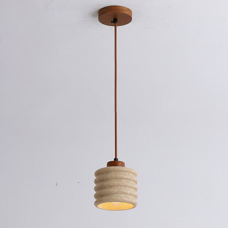 Wabi-Sabi Yellow Travertine Cylinder Pendant Light - Wood 1-Light Lampshade