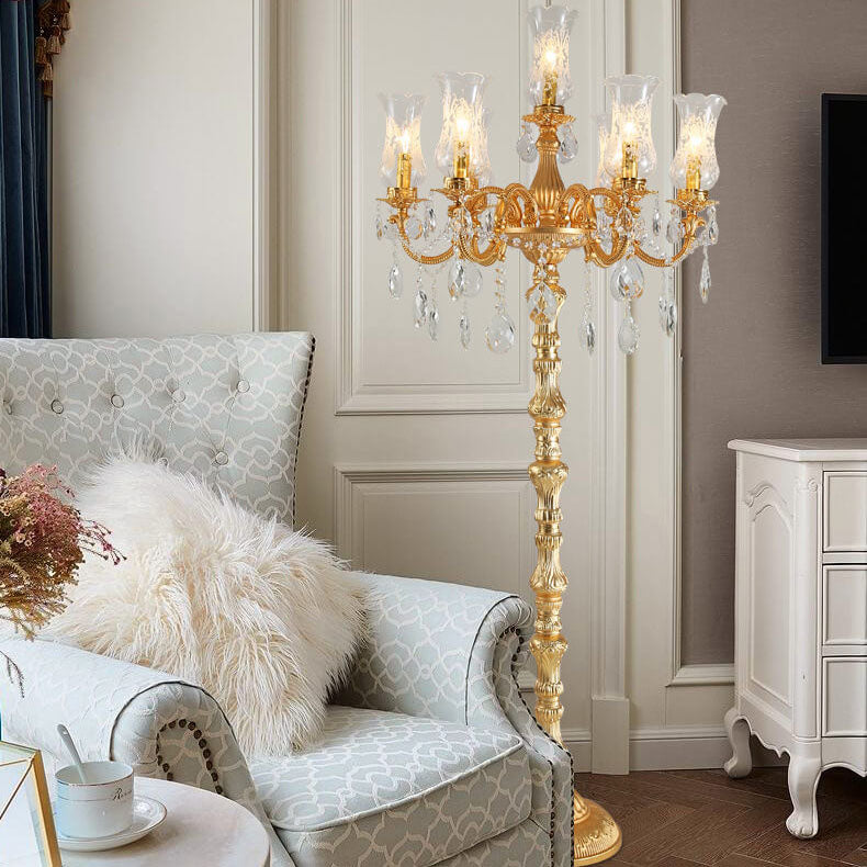 Luxury Golden Crystal Zinc Alloy 7-Light Floor Lamp for Bedroom