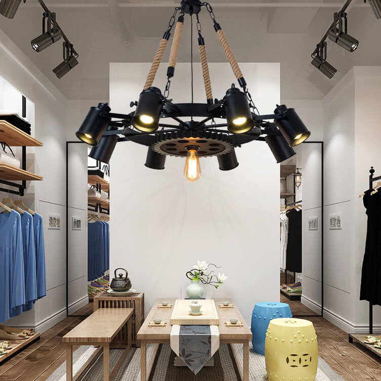 Contemporary Industrial Retro Wrought Iron Hemp Rope Chandelier - 7/9/11 Lights for Living Room