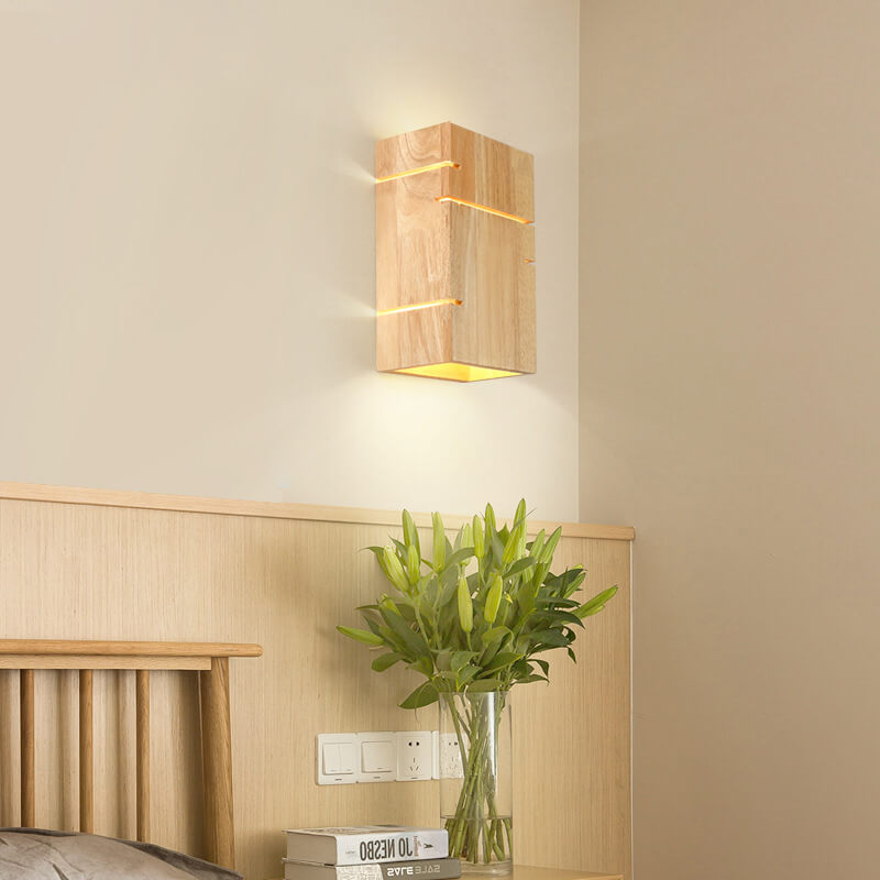 Modern Minimalist Wooden Square Wall Sconce 2-Light Lamp for Bedroom