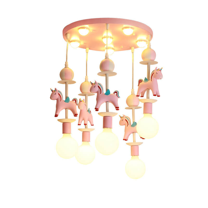 Modern Children's Carousel Eye Protection Resin Iron 1/7/11 Light Flush Mount Ceiling Light for Kids Room Nursery Playroom Colorful Decorative Ceiling Lamp Safe Energy-Efficient Design Bright LED Fixture Stylish Home Decor Indoor Lighting Ideal for Baby R