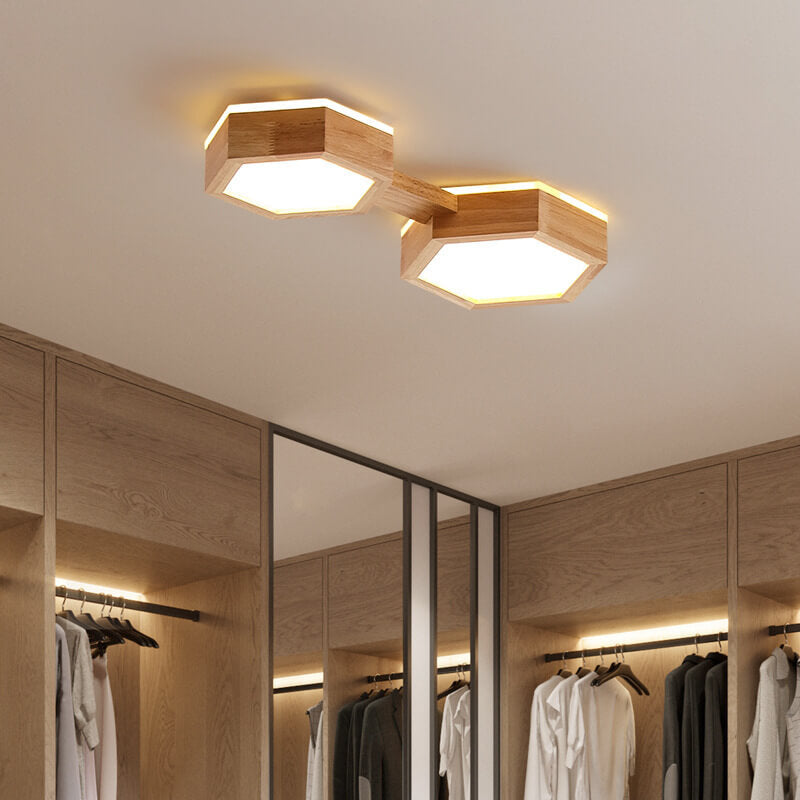 Modern Wooden Hexagonal LED Ceiling Light - Flush Mount Design