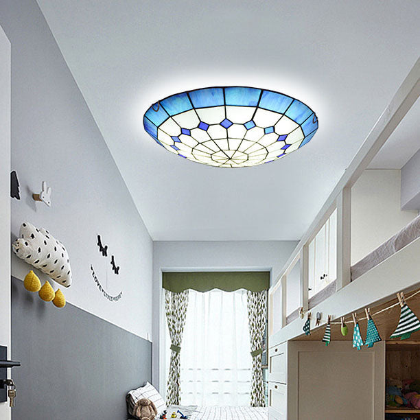 Tiffany Mediterranean Stained Glass Dome Flush Mount Ceiling Light - 2-Light Hallway Fixture