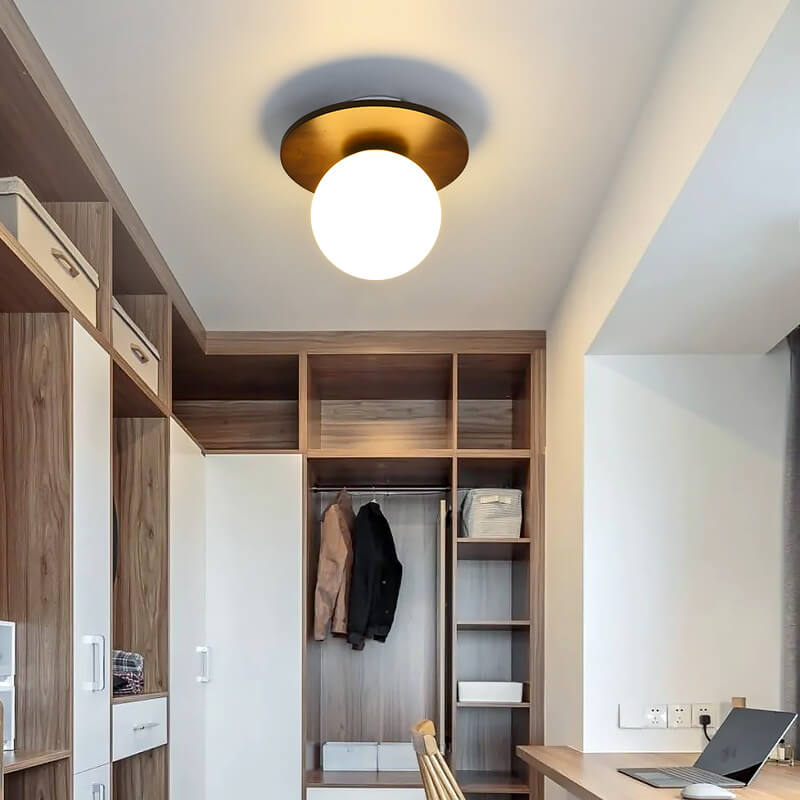 Traditional Japanese Glass Iron Woodgrain Semi-Flush Mount Ceiling Light