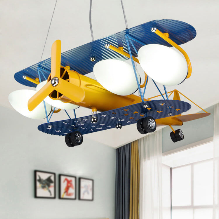 Contemporary Creative Cartoon Metal Aircraft Glass Shade 5-Light Kids Chandelier for Bedroom, Unique Kids Lighting Fixture, Fun Airplane Design, Stylish Bedroom Decor, Modern Ceiling Light for Children's Room, Colorful Aircraft Chandelier, Playful Lightin
