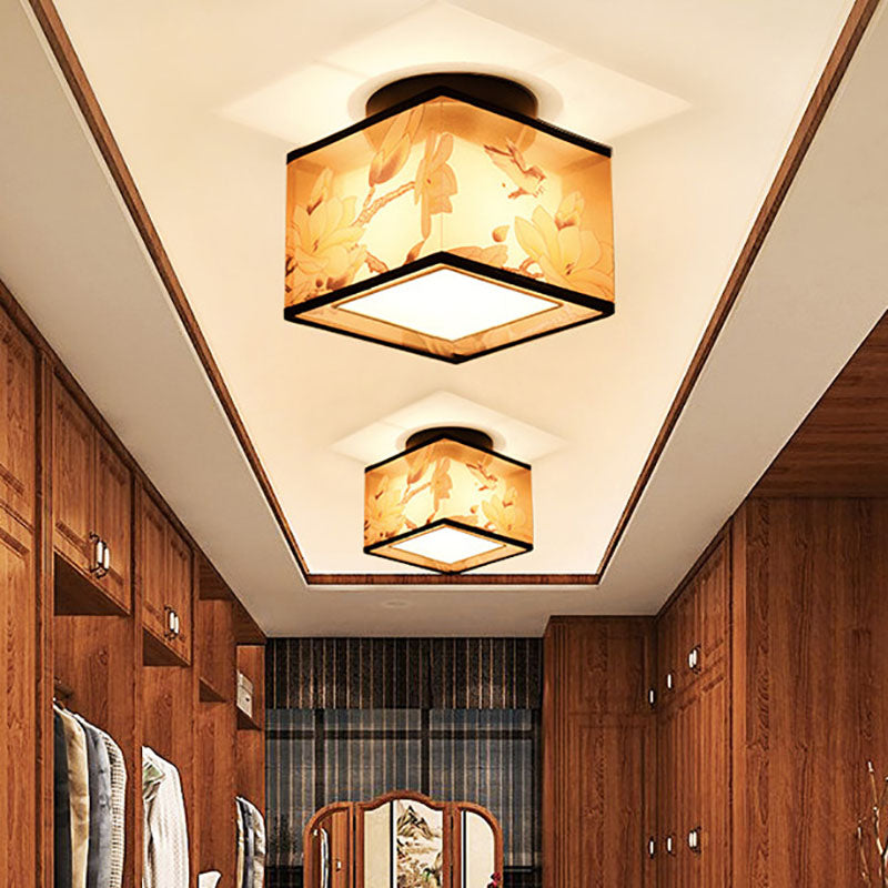 Traditional Chinese Square Iron Semi-Flush Mount Ceiling Light for Hallway