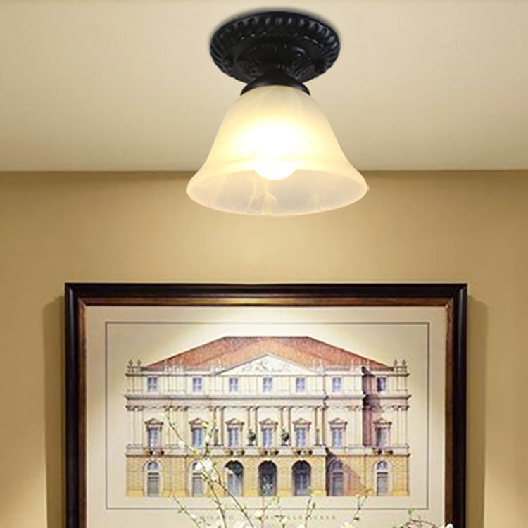 Contemporary Retro Floral Semi-Flush Mount Ceiling Light - Bell Round Iron & Glass for Hallway